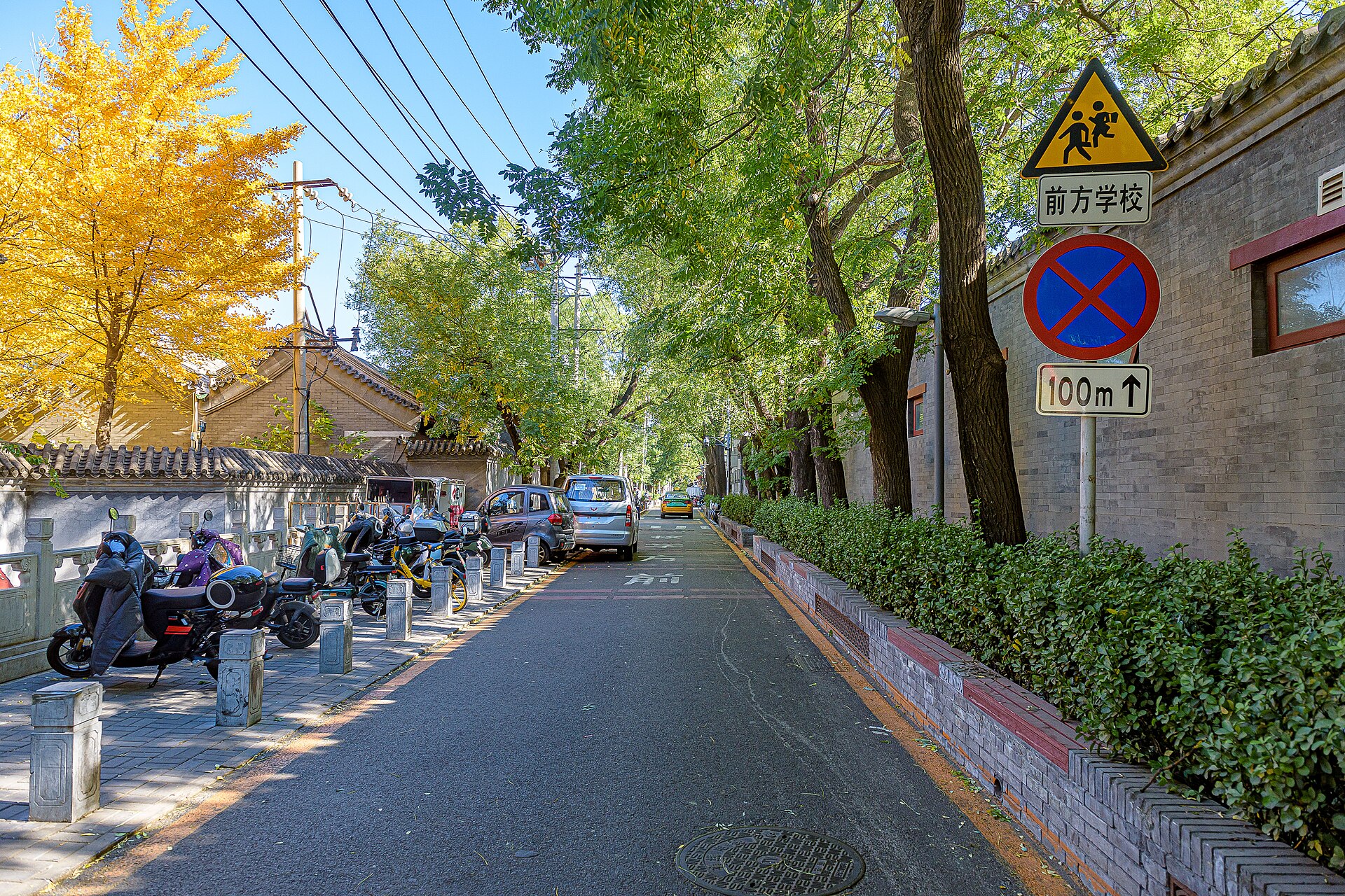 Yellow autumn leaves along Fuxue Hutong in Beijing beside grey-brick courtyard walls.