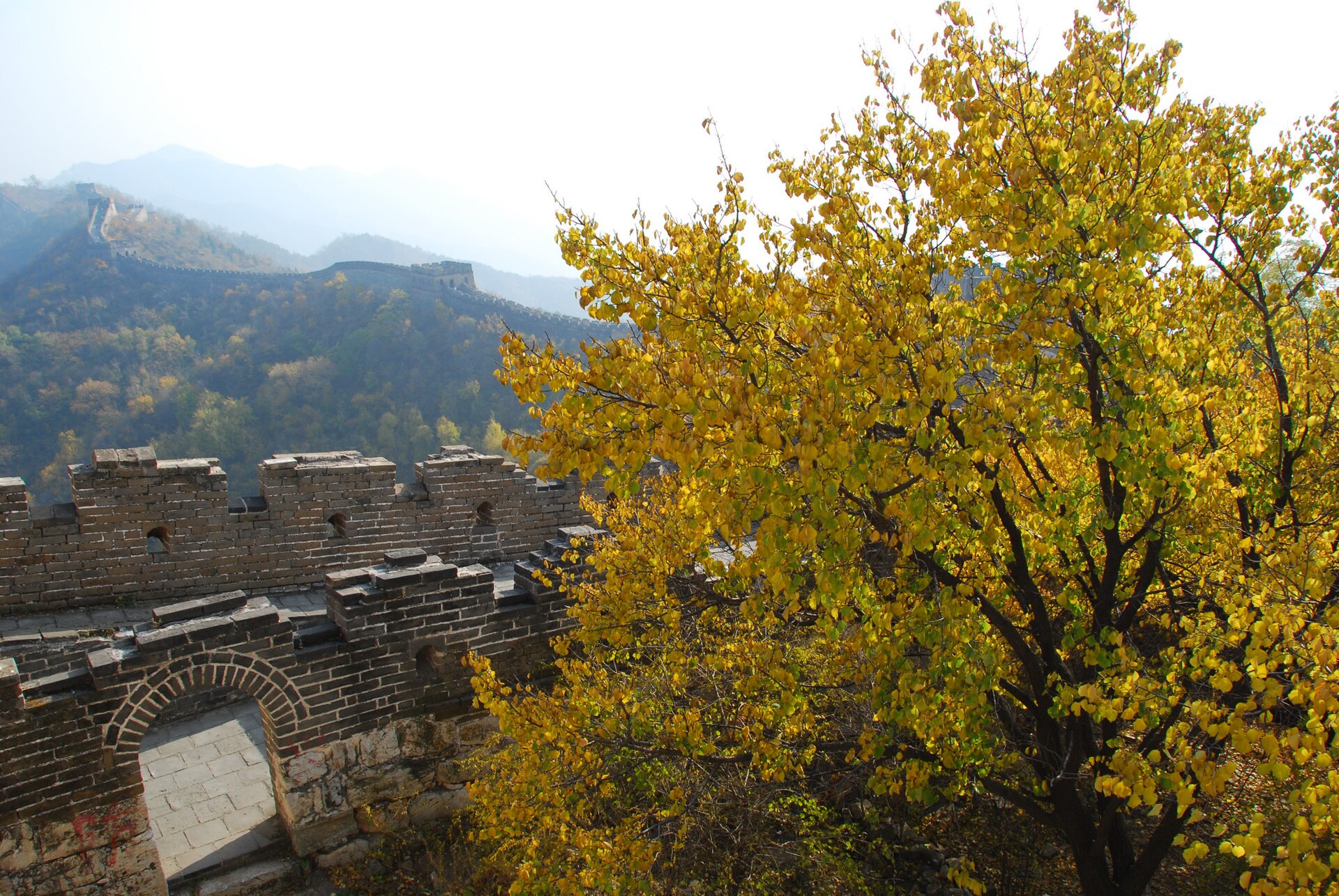 A restored Great Wall section in Beijing's Huairou District beside yellow autumn foliage in October 2009.