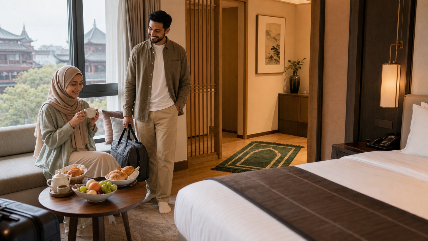 A Muslim couple relaxes in a China hotel room prepared with breakfast and private prayer space