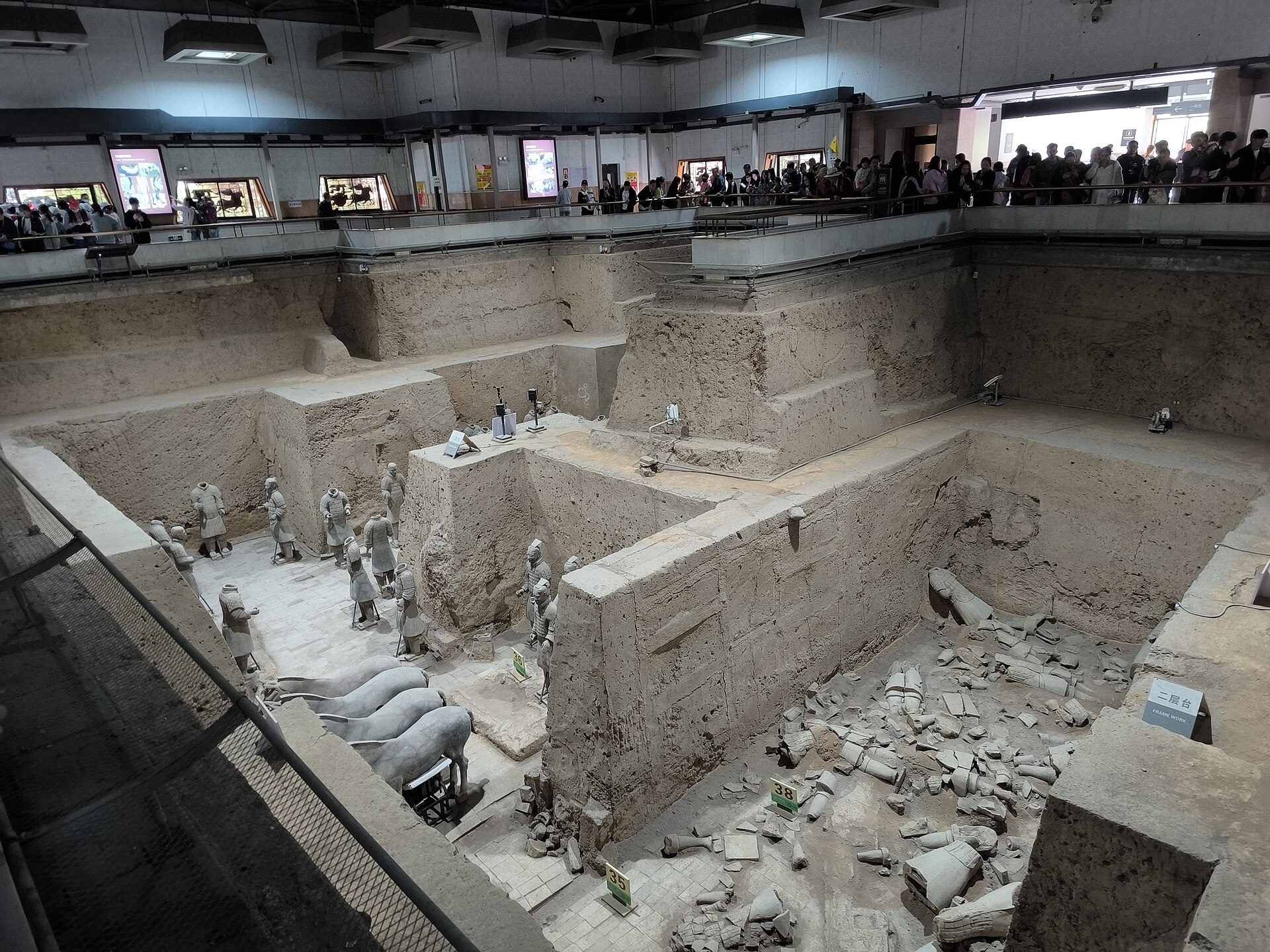 The smaller chamber layout of Terracotta Army Pit 3, with horses and figures visible below the viewing rail.